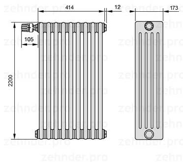 Схема (чертеж) Радиатор Zehnder Charleston 5220/9 №V012 Белый глянцевый RAL 9016